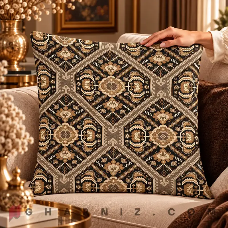 کاور کوسن مخمل طرح گلیم لانه‌ زنبوری کد gh-c757 — تصویر 9