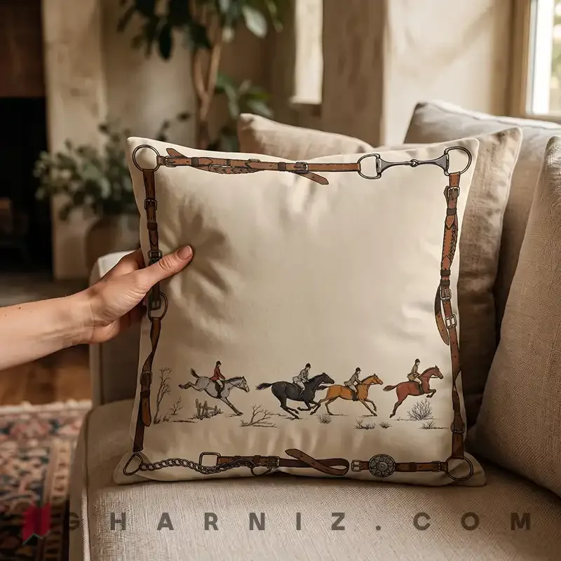 کاور کوسن مخمل طرح سوارکاران و قاب یراق کد gh-c819 — تصویر 5