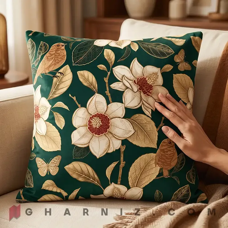 کاور کوسن مخمل طرح گل ماگنولیا و پرنده کد gh-c759 — تصویر 7