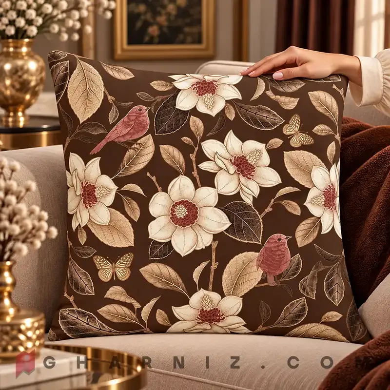 کاور کوسن مخمل طرح گل ماگنولیا و پرنده کد gh-c759 — تصویر 12