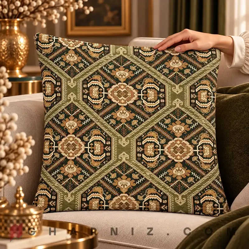 کاور کوسن مخمل طرح گلیم لانه‌ زنبوری کد gh-c757 — تصویر 8
