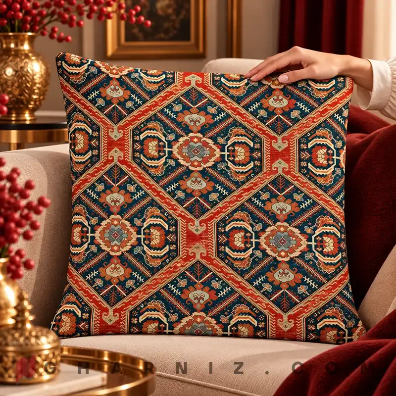 کاور کوسن مخمل طرح گلیم لانه‌ زنبوری کد gh-c757 — تصویر 10