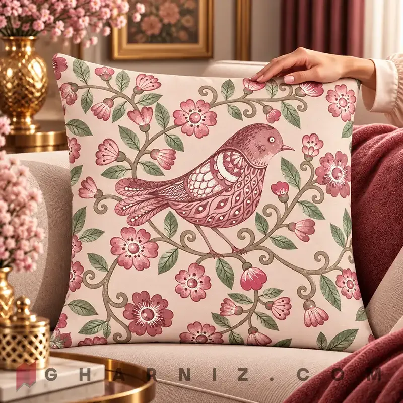 کاور کوسن مخمل طرح پرنده نقش‌ دار و گل کد gh-c764 — تصویر 7