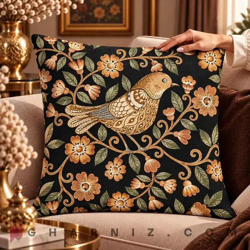 کاور کوسن مخمل طرح پرنده نقش‌ دار و گل کد gh-c764 — تصویر 12