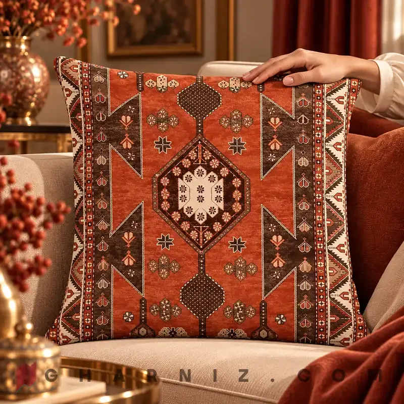 کاور کوسن مخمل طرح گلیم عشایری کد gh-c756 — تصویر 13