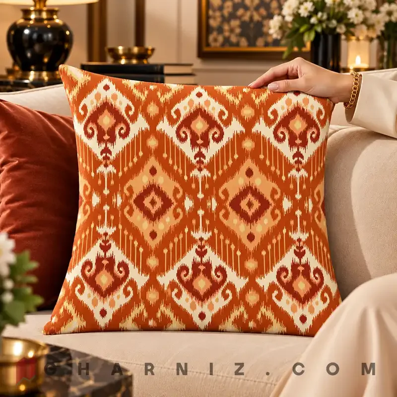 کاور کوسن مخمل طرح ایکات لوزی کد gh-c782 — تصویر 9