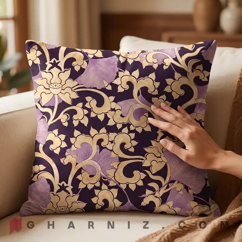 کاور کوسن مخمل طرح برگ جینکو و گل نیلوفر کد gh-c754 — تصویر 14