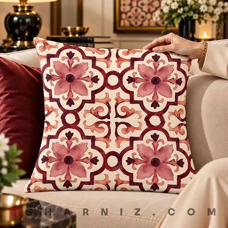 کاور کوسن مخمل طرح کاشی گل چهار پر کد gh-c783 — تصویر 8