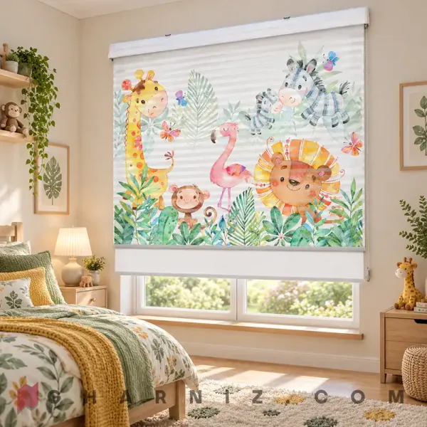پرده زبرا اتاق کودک طرح حیوانات آبرنگی و فلامینگوی صورتی Safari Bloom