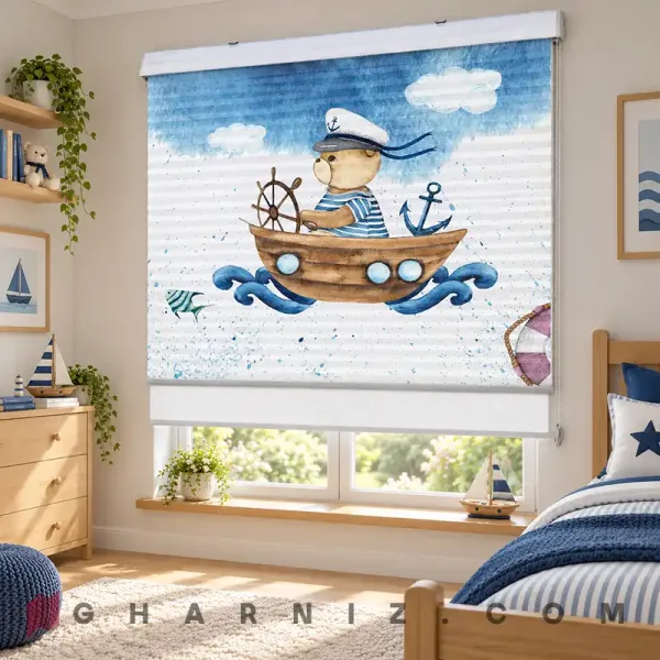 پرده زبرا اتاق کودک طرح خرس ناخدا و قایق چوبی Captain Teddy