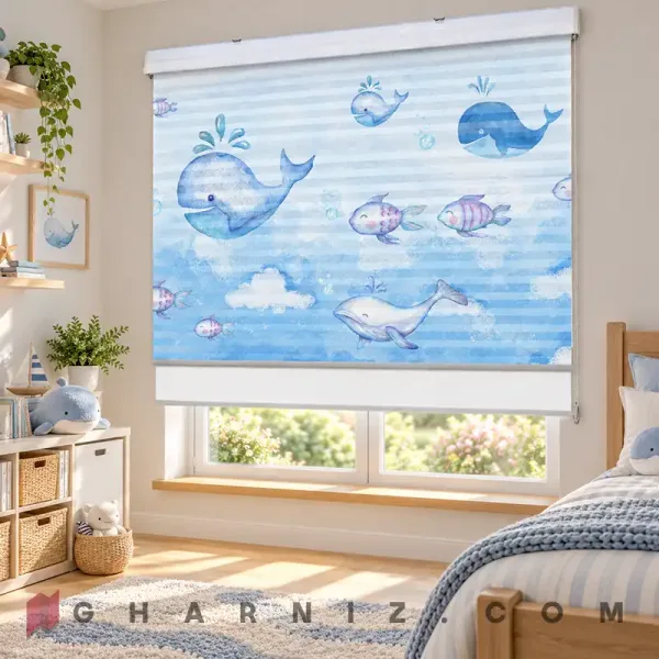 پرده زبرا اتاق کودک طرح نهنگ‌ها و ماهی‌های آبرنگی Ocean Friends