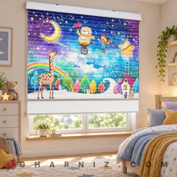 پرده زبرا اتاق کودک طرح خرس و دختر بندباز در آسمان جادویی Starry Circus
