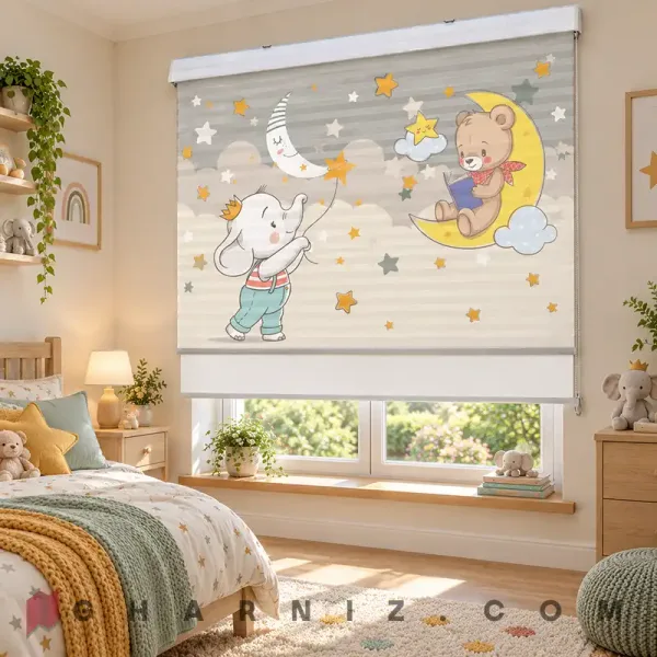 پرده زبرا اتاق کودک طرح فیل تاج‌دار و خرس قصه‌خوان روی ماه Moonlight Story