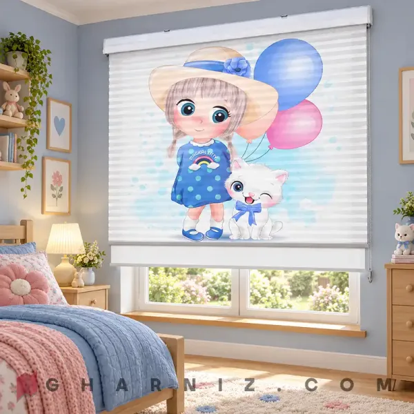 پرده زبرا اتاق کودک طرح دختر کلاه‌دار و گربه چشمک‌زن Little Companions