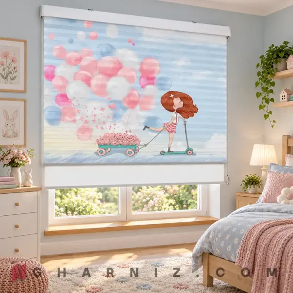 پرده زبرا اتاق کودک طرح دختر اسکوترسوار و واگن گل Balloon Breeze