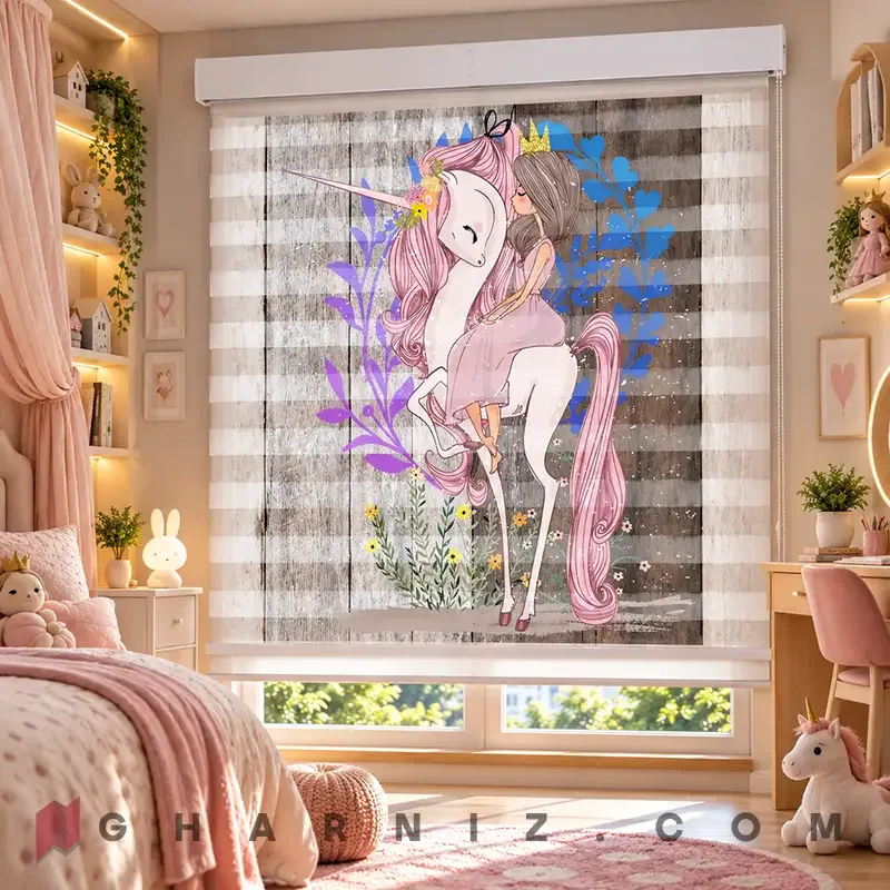 پرده زبرا اتاق کودک طرح پرنسس سوار بر یونیکورن یال‌صورتی Royal Unicorn Ride کد gh-zk202 — تصویر 2