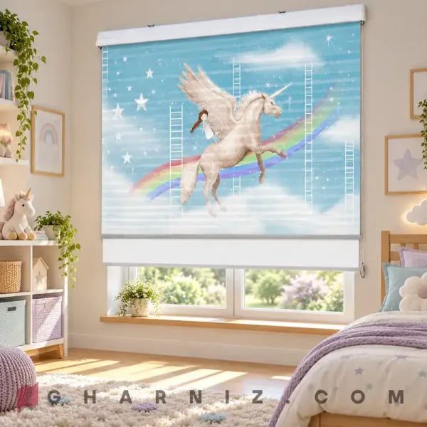 پرده زبرا اتاق کودک طرح دختر و یونیکورن بال‌دار در آسمان Dream Ladders