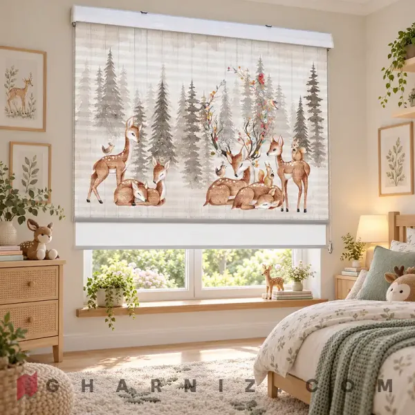 پرده زبرا اتاق کودک طرح گوزن‌ها در جنگل کاج Woodland Deer